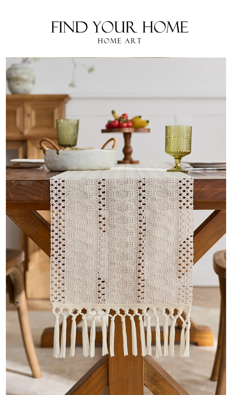 Boho Table Runner with Tassels for Kitchen & Dining Table | Beige Woven Farmhouse Table Runner | Rustic Table Decor, 9 Sizes 30x50cm to 30x300cm