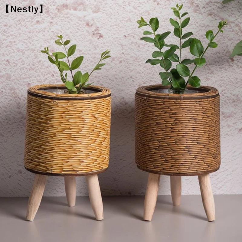 Woven Plant Stand with Removable Wooden Legs for Living Room & Patio | Handmade Rattan-Look Planter Basket | Nordic Plant Pot Holder, 6 Styles