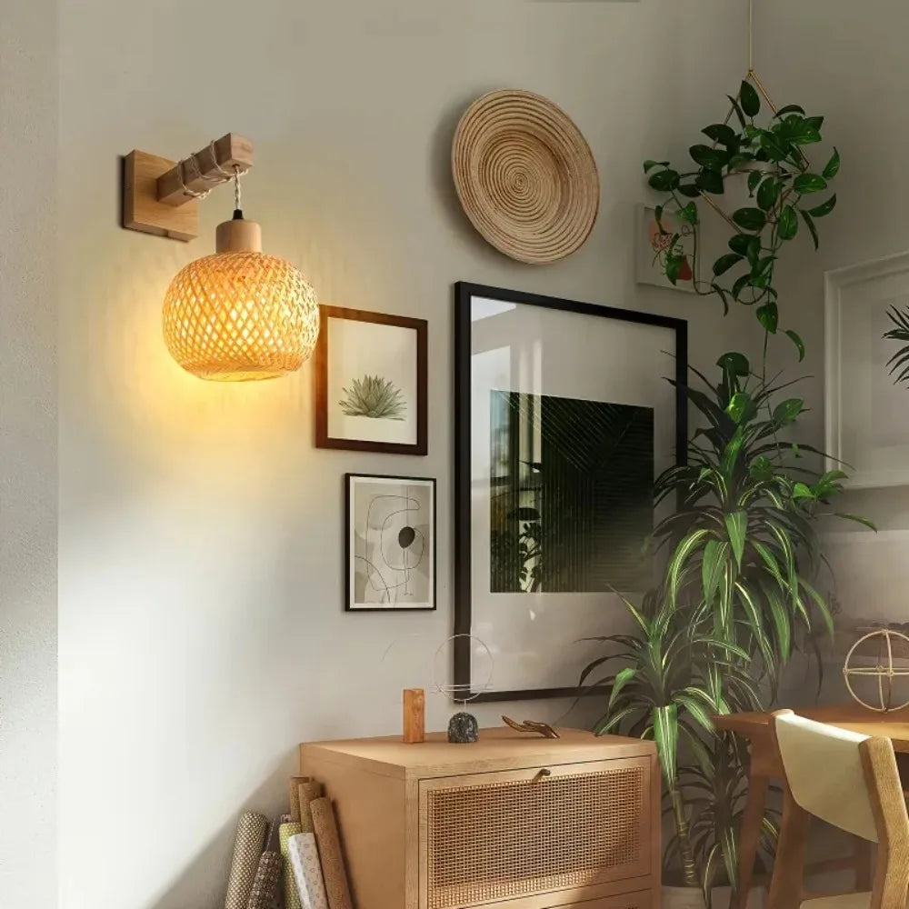 Plug In Wall Sconce for Bedroom & Living Room | Handcrafted Bamboo Rattan Wall Light | Boho Farmhouse Wall Lamp, With or Without Bulb