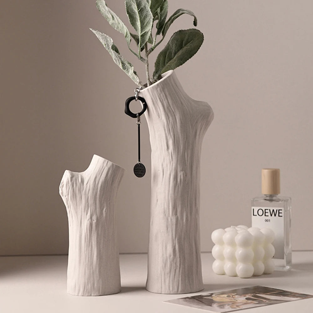 Tree Trunk Ceramic Vase for Living Room & Dining Table | Boho Branch-Shaped Flower Vase | Sculptural Centrepiece in White or Beige, 3 Sizes