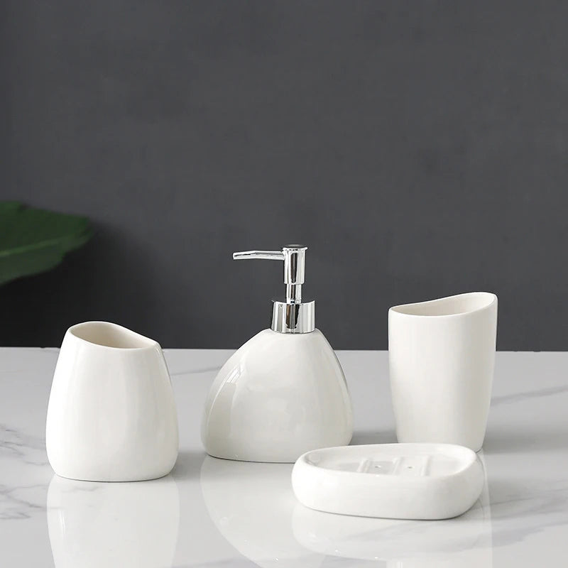 Ceramic Bathroom Accessories Set for Vanity & Bathroom Counter | Soap Dispenser, Tumbler, Toothbrush Holder & Soap Dish | 4 or 5 Pieces in White, Silver or Gold