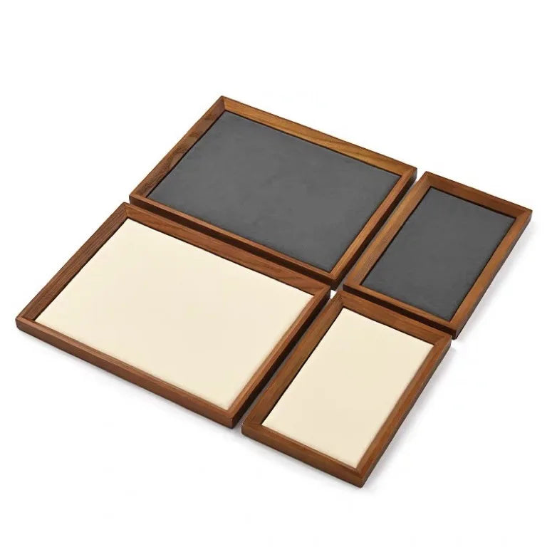 Velvet-Lined Wooden Jewellery Tray for Dresser & Vanity | Rectangular Ring, Earring & Bracelet Organiser | Desktop Storage Dish, 4 Styles