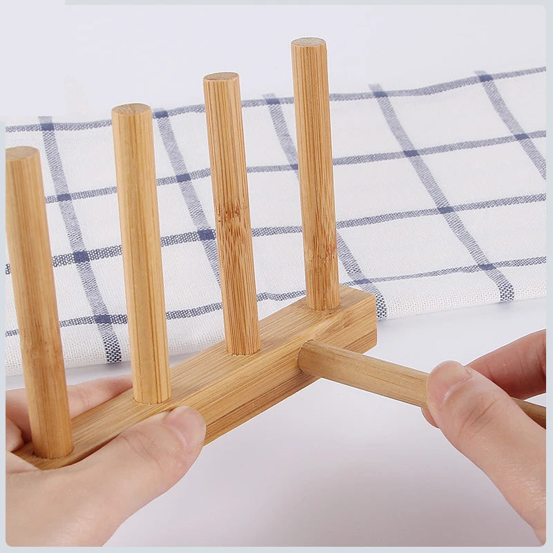 Bamboo Dish & Pot Lid Drainer Rack | Kitchen Plate Drying Stand, Pan Cover Holder & Countertop Storage Shelf Organiser