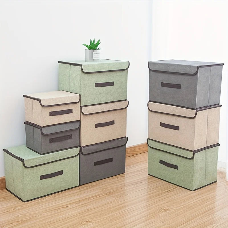 Foldable Linen-Look Storage Box with Lid for Closet & Bedroom | Dustproof Fabric Storage Bin | Clothes & Sundries Organiser, S or L