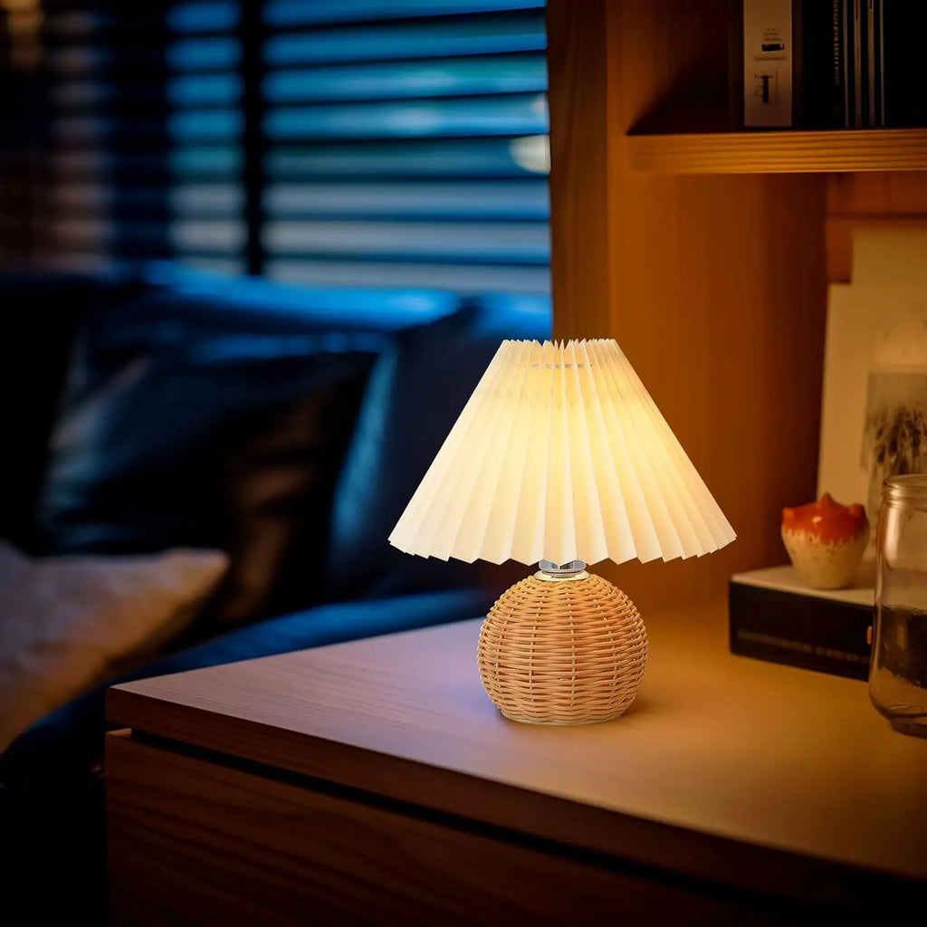 Rattan Table Lamp for Bedroom Nightstand & Reading Corner | Hand-Woven Base with Pleated Umbrella Shade | Vintage Dimmable Bedside Lamp