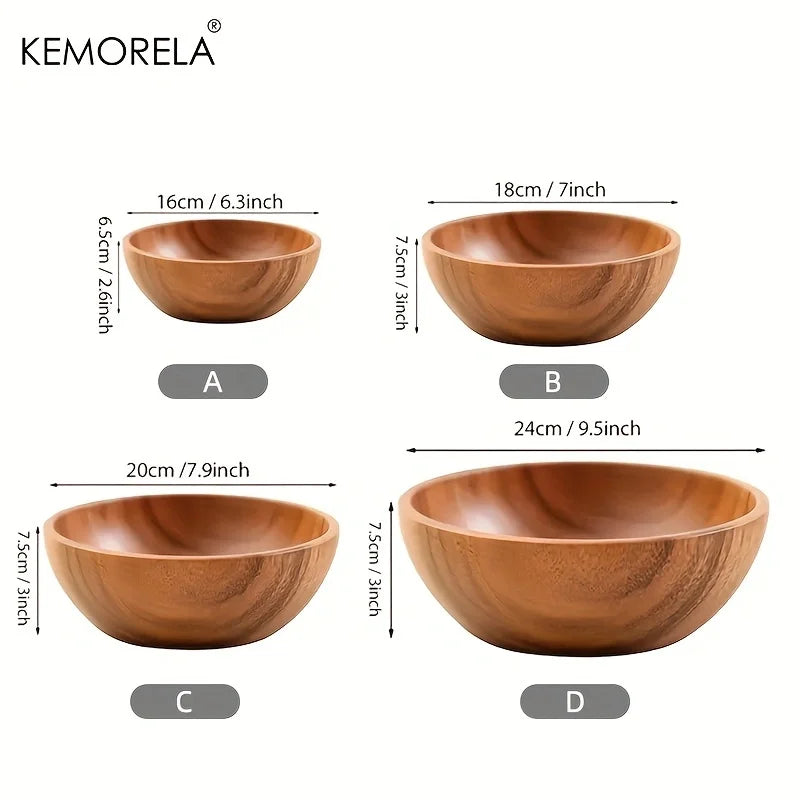 Acacia Wood Salad Bowl for Kitchen & Dining Table | Natural Wooden Serving Bowl for Fruit & Snacks | Heat-Insulating Tableware, 4 Styles