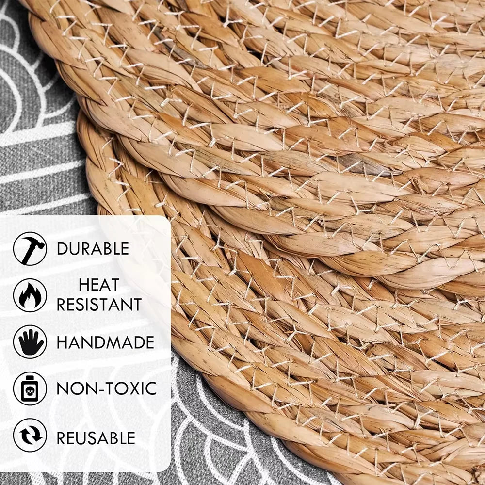 Round Woven Placemats for Dining Table | Natural Straw & Water Hyacinth-Style Boho Place Mats | Farmhouse Table Decor, 30–38cm