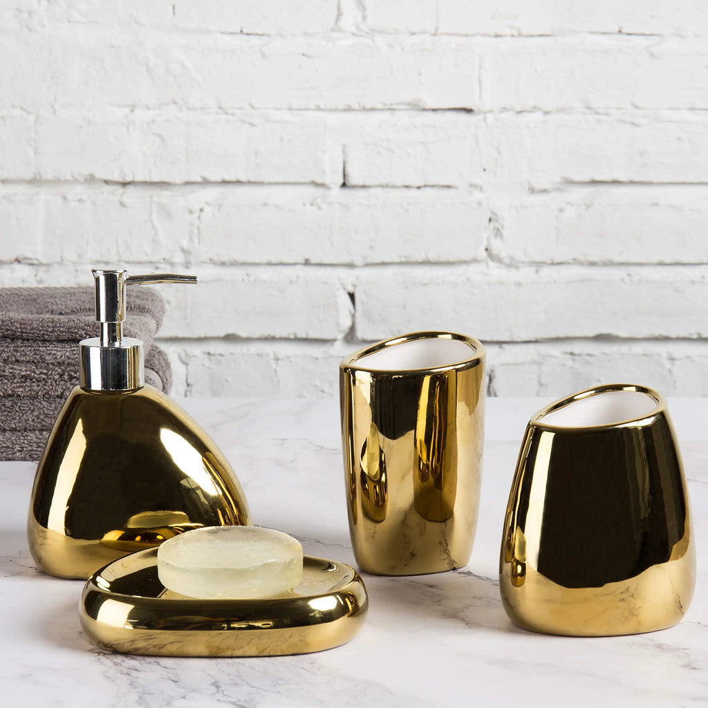 Ceramic Bathroom Accessories Set for Vanity & Bathroom Counter | Soap Dispenser, Tumbler, Toothbrush Holder & Soap Dish | 4 or 5 Pieces in White, Silver or Gold