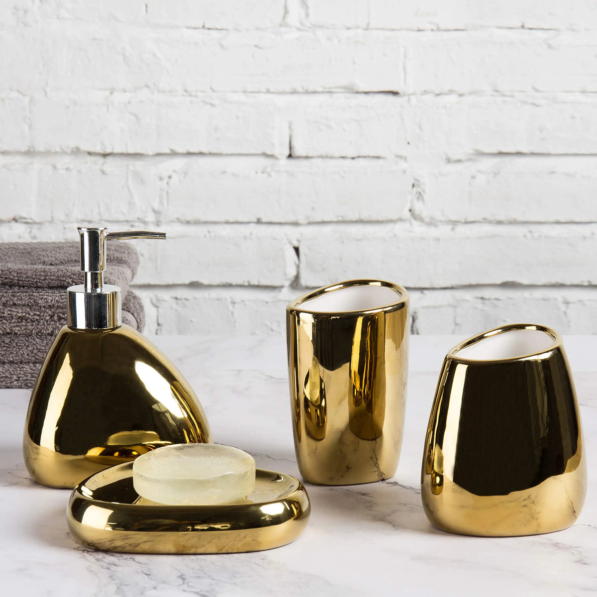 Ceramic Bathroom Accessories Set for Vanity & Bathroom Counter | Soap Dispenser, Tumbler, Toothbrush Holder & Soap Dish | 4 or 5 Pieces in White, Silver or Gold