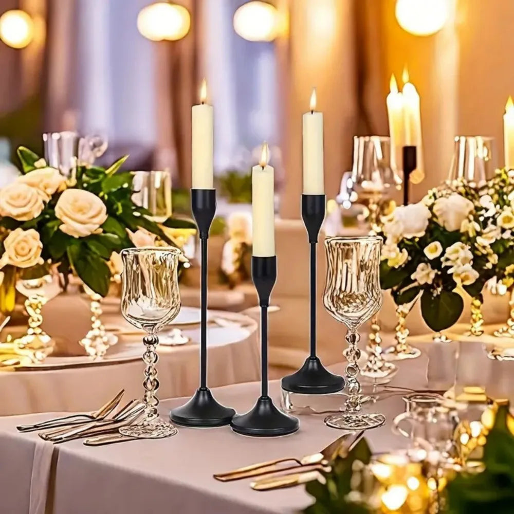Black Metal Candle Holder Set for Dining Table & Mantel | Nordic Minimalist Taper Candlesticks with Round Base | Wedding & Party Centrepiece, 3–30 Pcs