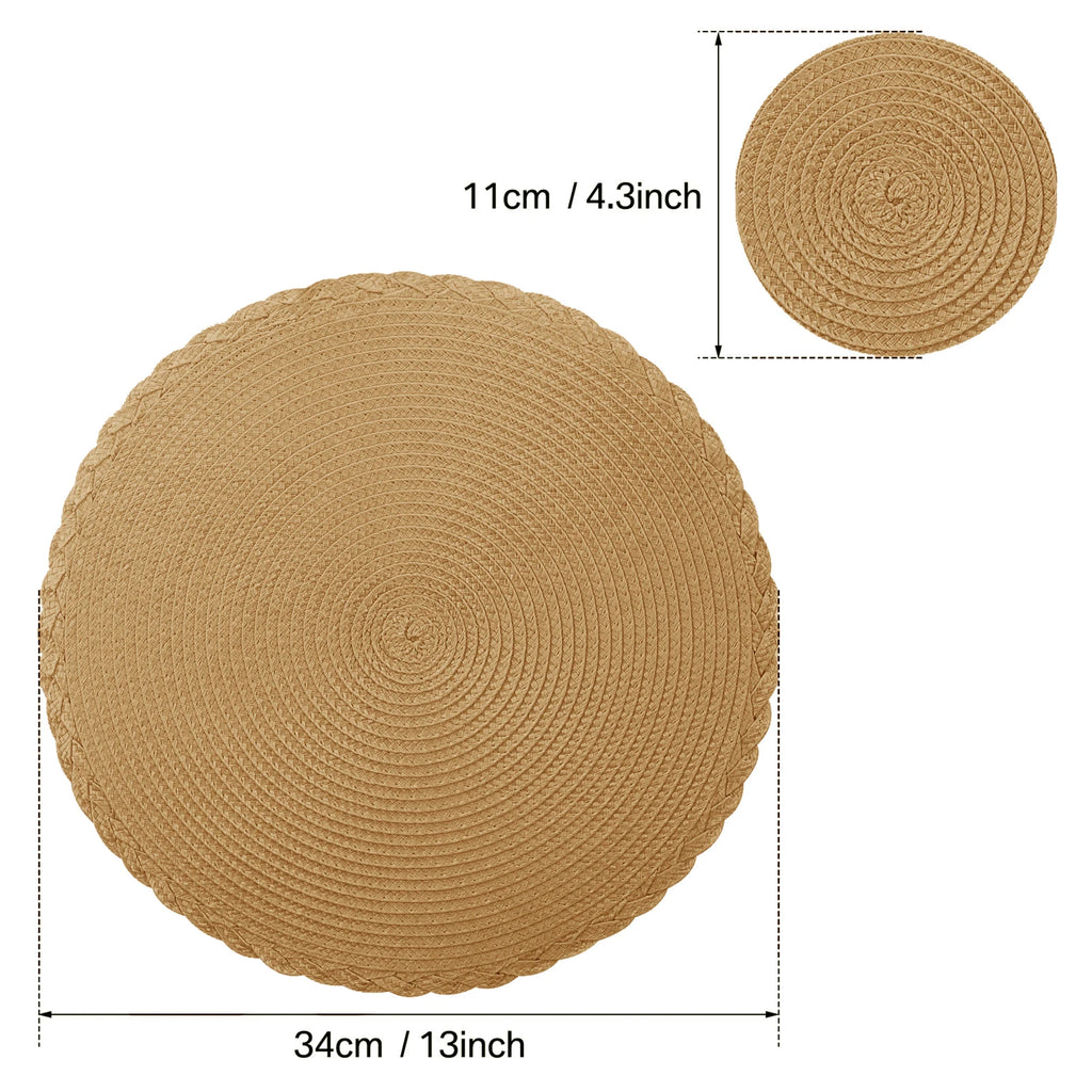 Round Braided Placemats Set of 6 with Coasters for Dining Table | Washable Non-Slip Woven Table Mats | Holiday & Everyday Table Decor, 34cm