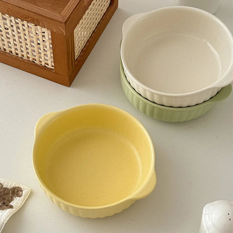 Large Ceramic Bowl with Double Handles for Soup, Salad & Noodles | Microwave & Oven Safe Porcelain Tableware | Minimalist Kitchen Bowl, 3 Colours