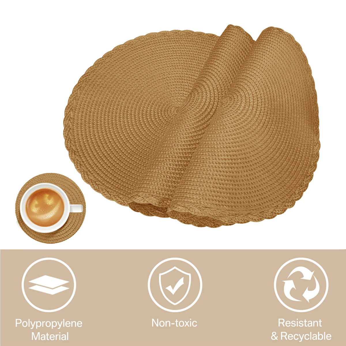 Round Braided Placemats Set of 6 with Coasters for Dining Table | Washable Non-Slip Woven Table Mats | Holiday & Everyday Table Decor, 34cm
