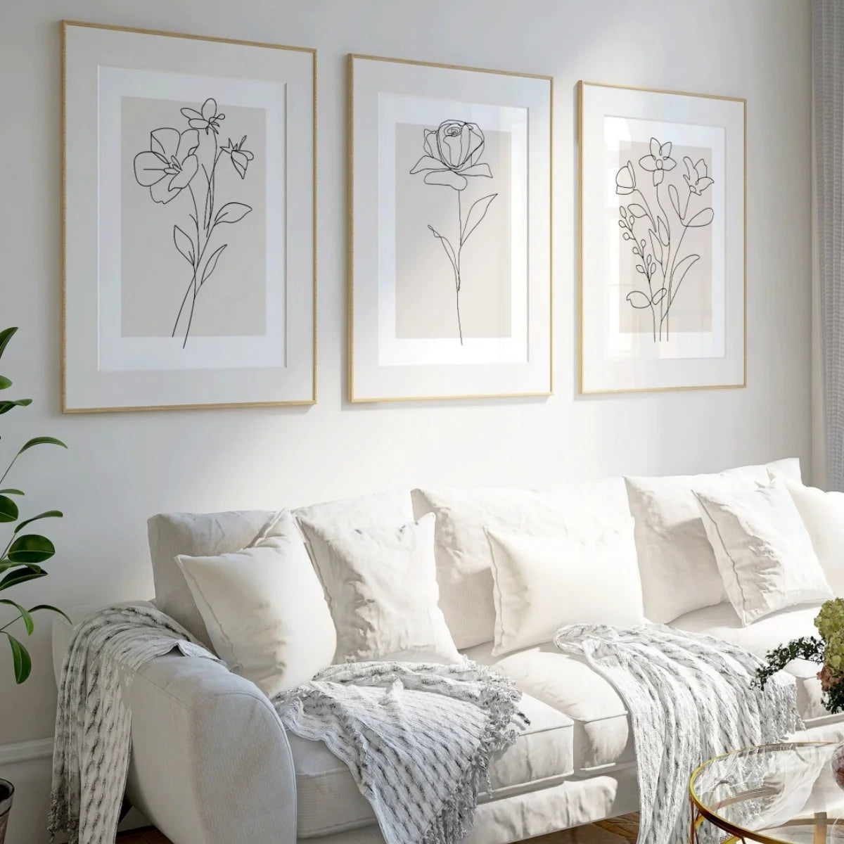 Botanical Line Art Canvas Prints for Living Room & Bedroom | Neutral Beige Minimalist Wall Art | Unframed Single or Set of 3, 20x30 to 50x70cm