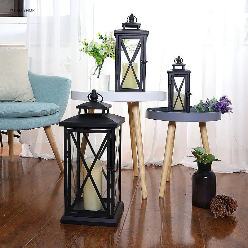 Glass Lantern Candle Holder for Patio, Dining Table & Entryway | Black Metal Hurricane Lantern | Windproof Modern Candle Holder, 30 to 50cm