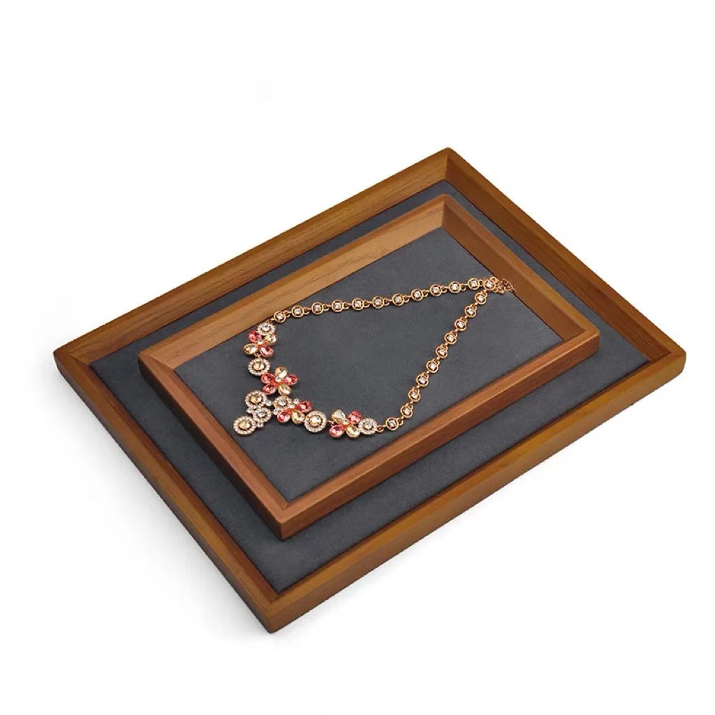 Velvet-Lined Wooden Jewellery Tray for Dresser & Vanity | Rectangular Ring, Earring & Bracelet Organiser | Desktop Storage Dish, 4 Styles