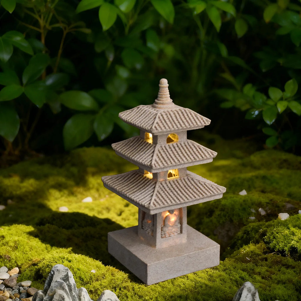 Solar Pagoda Lantern Statue for Garden, Patio & Zen Garden | Japanese Style Resin Garden Ornament | Warm LED Solar Garden Light, 4 Styles