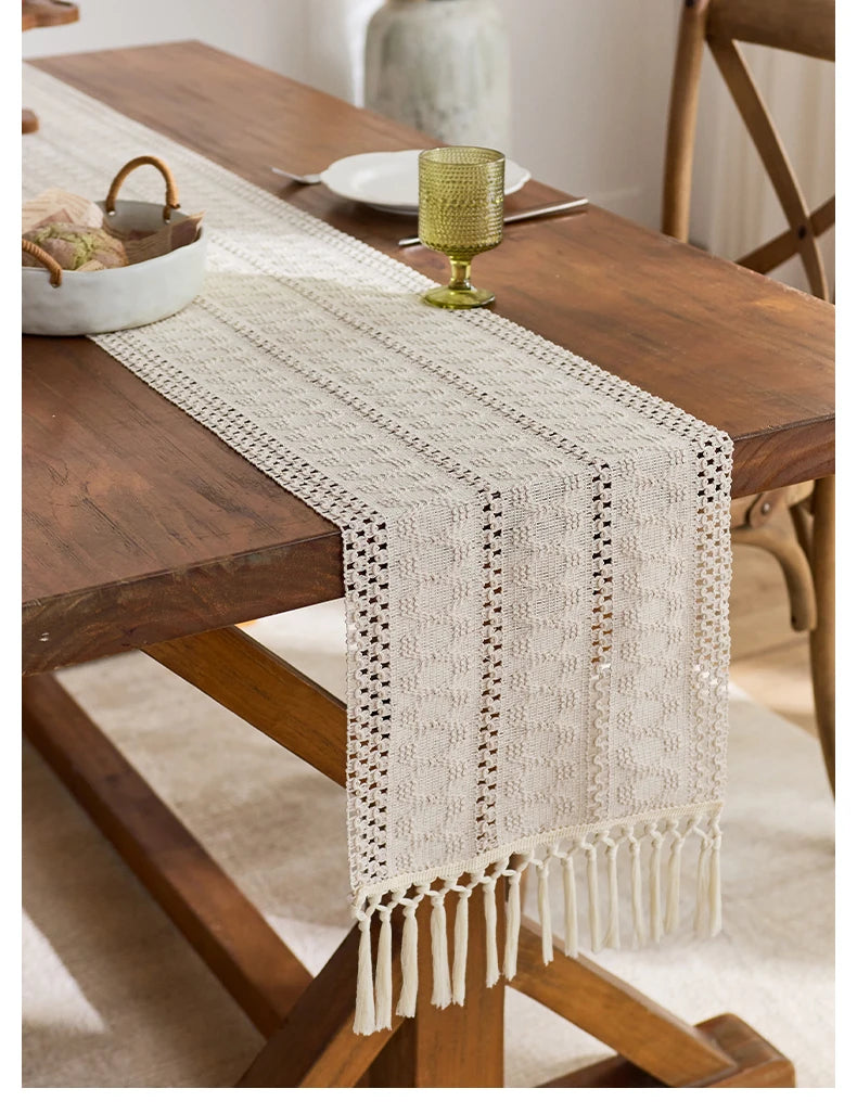 Boho Table Runner with Tassels for Kitchen & Dining Table | Beige Woven Farmhouse Table Runner | Rustic Table Decor, 9 Sizes 30x50cm to 30x300cm