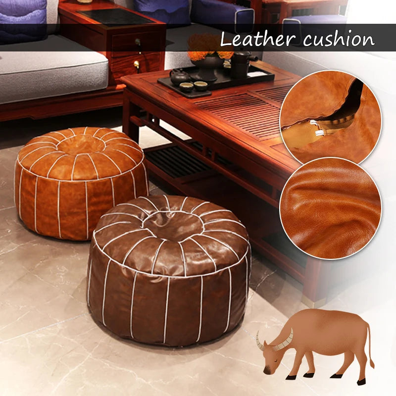 Moroccan Pouf Cover | Nordic PU Leather Round Ottoman Footstool Cover, Unstuffed Fillable Floor Cushion for Living Room, 5 Designs