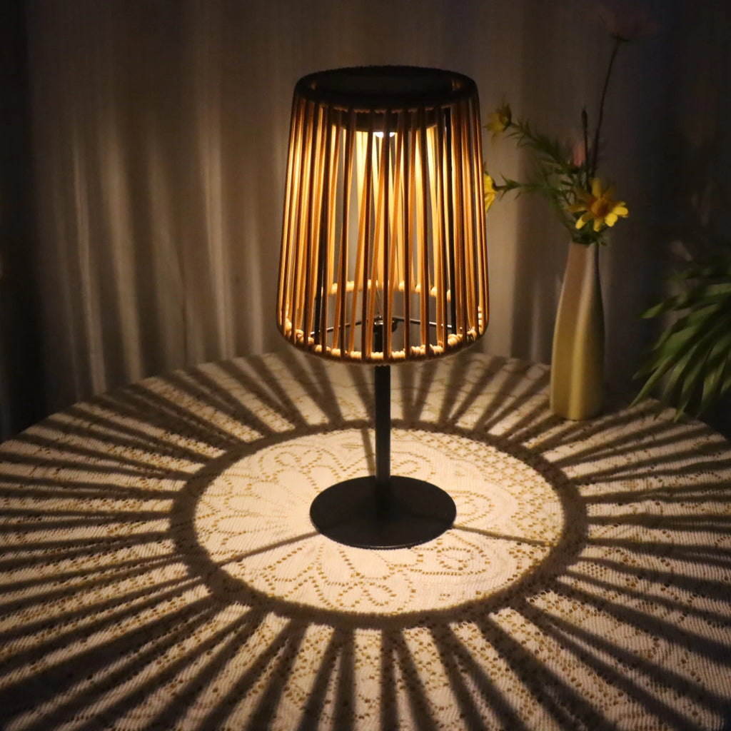 Rattan Solar Table Lamp for Patio, Garden & Coffee Table | Hand-Woven Cordless Outdoor Lamp | Indoor Outdoor Decorative Light