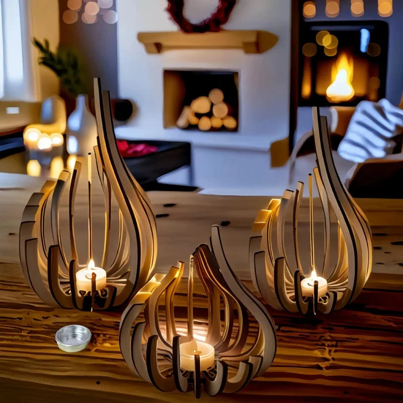 Handmade Wooden Candle Holder for Dining Table & Mantel | Sculptural Flame-Shaped Candlestick | Romantic Table Decor, S, M, L or Set of 3