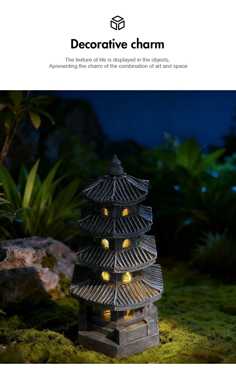 Solar Pagoda Lantern Statue for Garden, Patio & Zen Garden | Japanese Style Resin Garden Ornament | Warm LED Solar Garden Light, 4 Styles