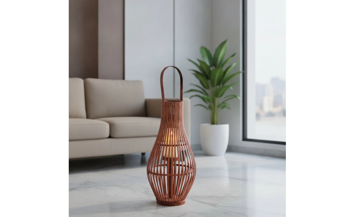Bamboo Floor Lantern for Patio, Garden & Living Room | Handwoven Boho Lantern with LED Candle | Rustic Decorative Lighting, Small or Large