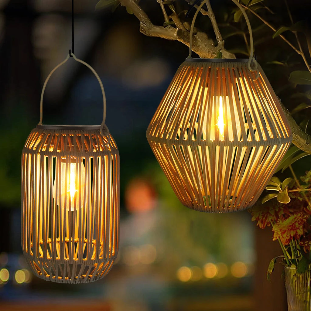 Solar Rattan Lantern for Garden, Patio & Porch | Waterproof Hanging Boho Solar Light | Automatic Outdoor Decorative Lighting, 2 Styles