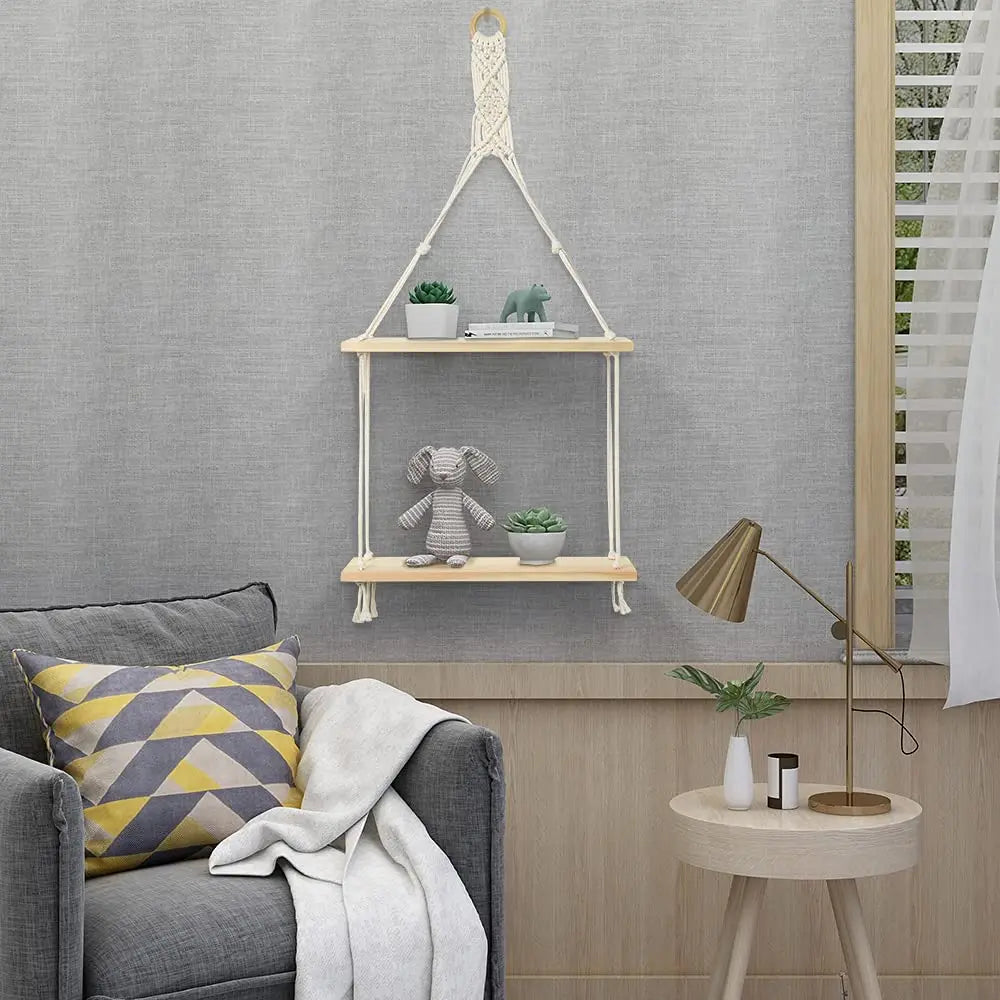 Macrame Hanging Wall Shelf for Bedroom, Bathroom & Living Room | 2-Tier Pine Wood Floating Shelves | Boho Wall Decor, 2 Designs