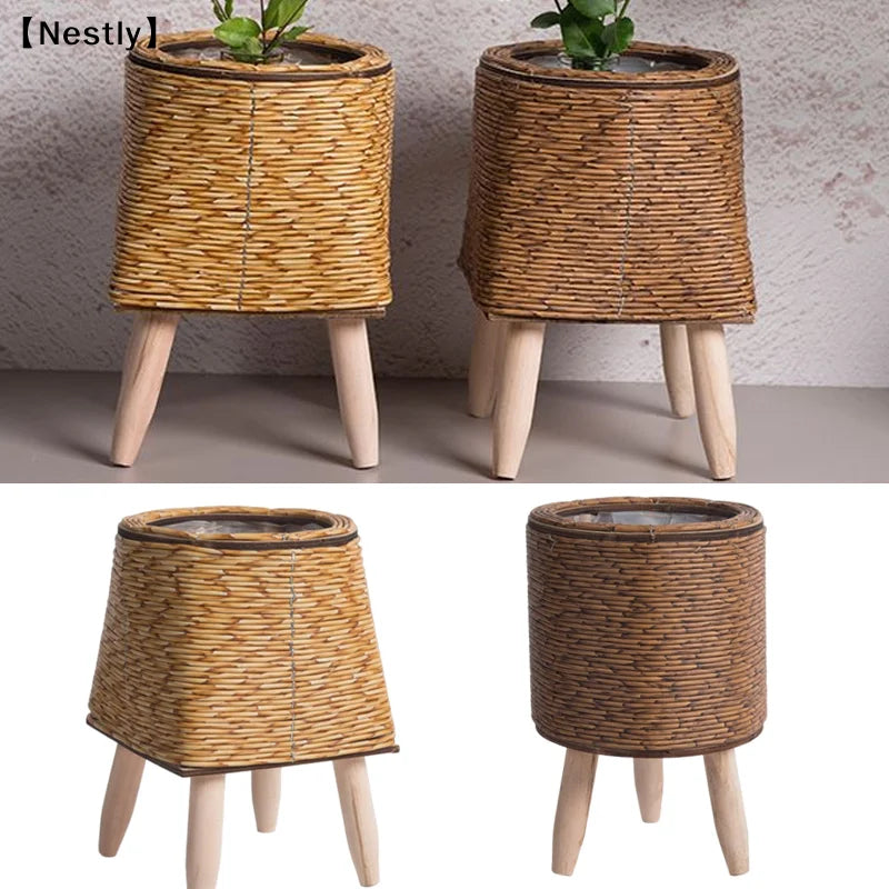 Woven Plant Stand with Removable Wooden Legs for Living Room & Patio | Handmade Rattan-Look Planter Basket | Nordic Plant Pot Holder, 6 Styles