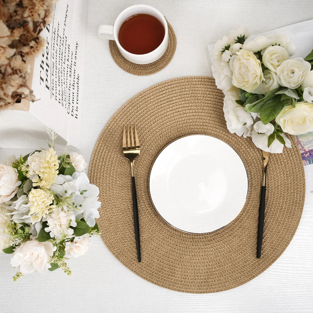 Round Braided Placemats Set of 6 with Coasters for Dining Table | Washable Non-Slip Woven Table Mats | Holiday & Everyday Table Decor, 34cm