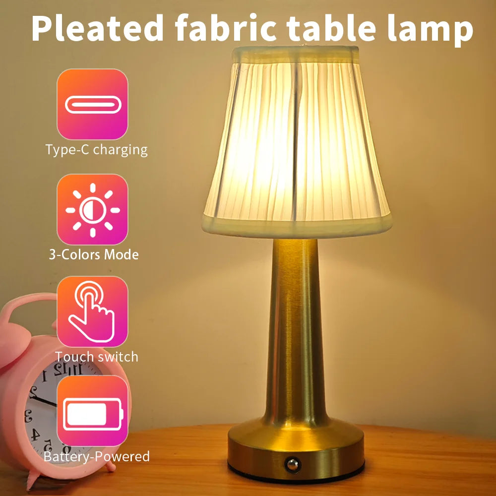 Cordless Pleated Table Lamp for Dining Table, Bedroom & Restaurant | Rechargeable Touch-Dimmable LED | Portable Lamp in Rose Gold, Gold or Silver