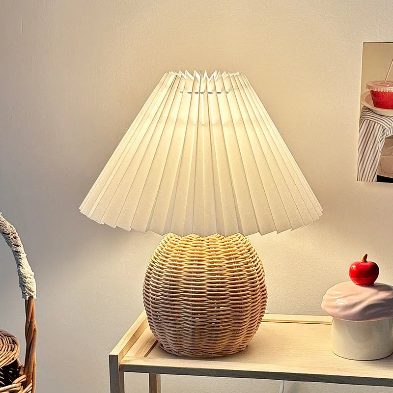 Rattan Table Lamp for Bedroom Nightstand & Reading Corner | Hand-Woven Base with Pleated Umbrella Shade | Vintage Dimmable Bedside Lamp