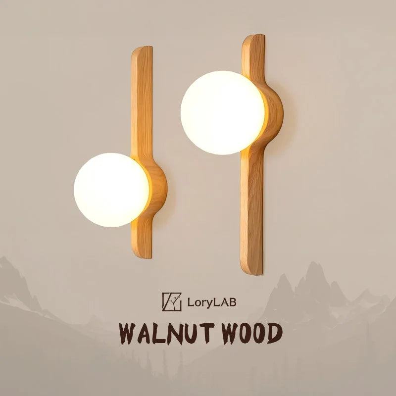 Glass Globe Wall Sconce for Living Room, Bedroom & Hallway | Wabi-Sabi Walnut Wood Wall Light | Moonlight Globe in 3 Finishes & 3 Colour Temperatures