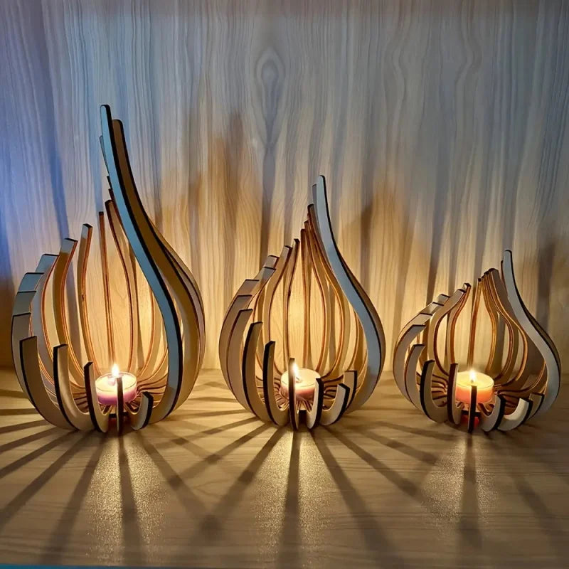 Handmade Wooden Candle Holder for Dining Table & Mantel | Sculptural Flame-Shaped Candlestick | Romantic Table Decor, S, M, L or Set of 3