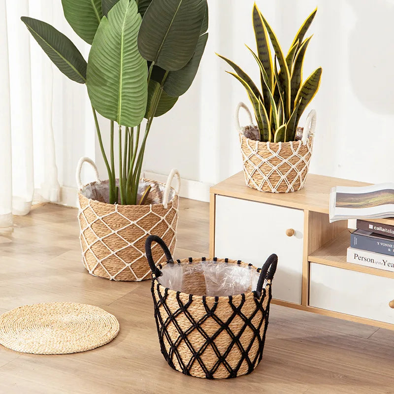 Seagrass Planter Basket with Handles for Indoor Plants & Patio | Natural Woven Plant Pot Cover | Boho Storage Basket, 25cm or 29cm