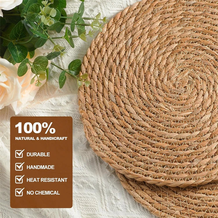 Round Woven Placemats for Dining Table | Natural Straw & Water Hyacinth-Style Boho Place Mats | Farmhouse Table Decor, 30–38cm