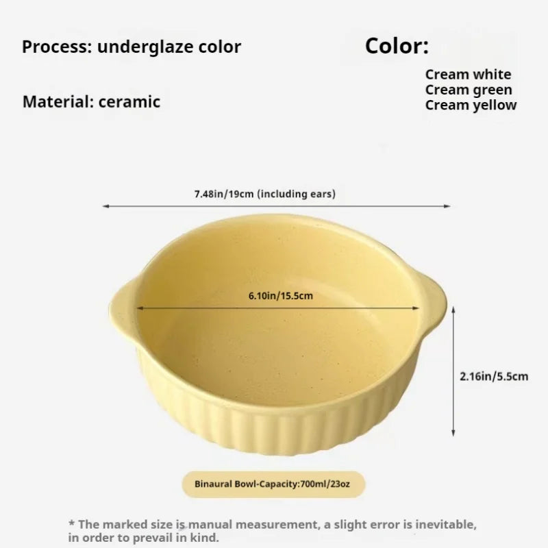 Large Ceramic Bowl with Double Handles for Soup, Salad & Noodles | Microwave & Oven Safe Porcelain Tableware | Minimalist Kitchen Bowl, 3 Colours