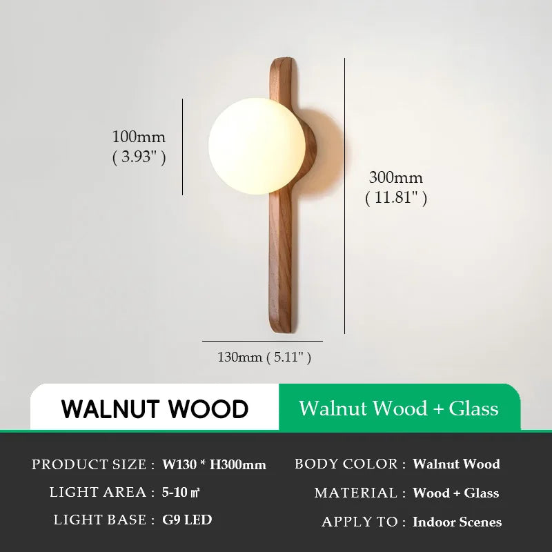 Glass Globe Wall Sconce for Living Room, Bedroom & Hallway | Wabi-Sabi Walnut Wood Wall Light | Moonlight Globe in 3 Finishes & 3 Colour Temperatures