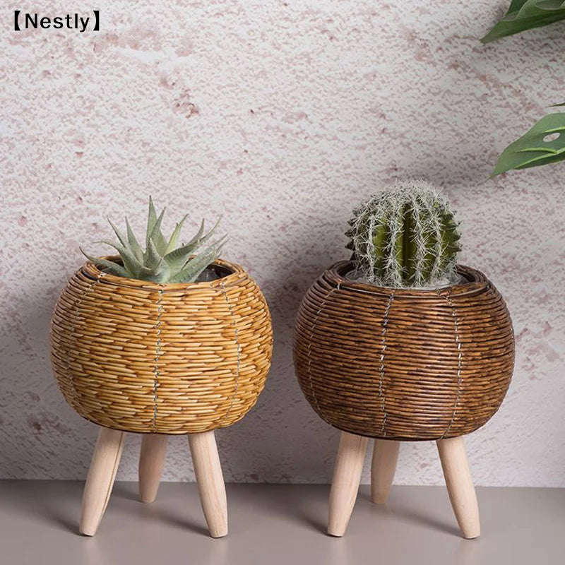 Woven Plant Stand with Removable Wooden Legs for Living Room & Patio | Handmade Rattan-Look Planter Basket | Nordic Plant Pot Holder, 6 Styles