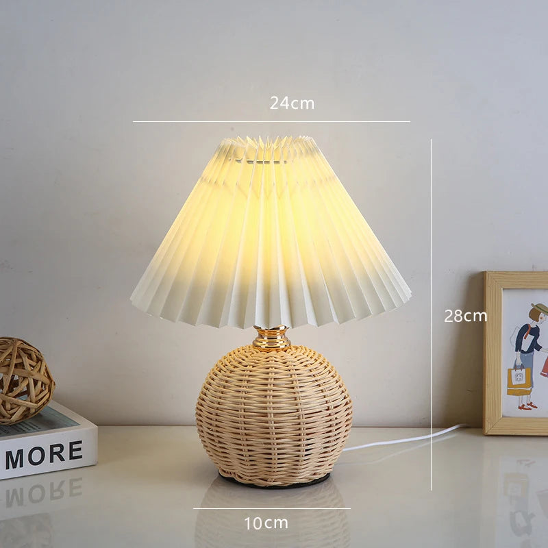 Rattan Table Lamp for Bedroom Nightstand & Reading Corner | Hand-Woven Base with Pleated Umbrella Shade | Vintage Dimmable Bedside Lamp
