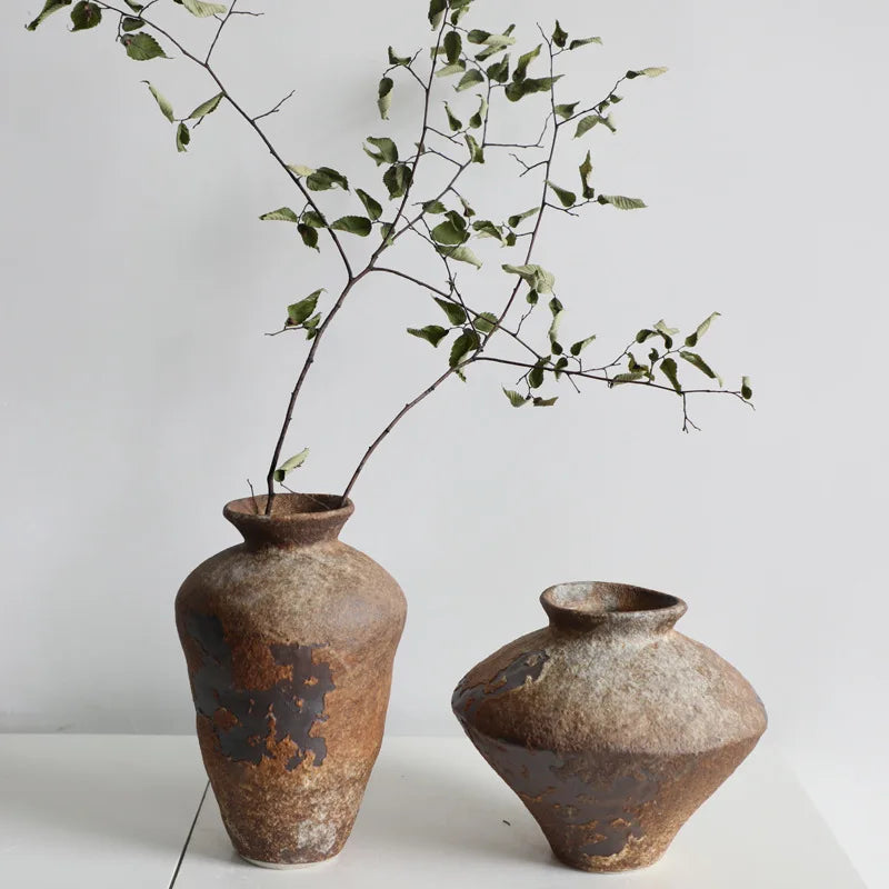 Handmade Coarse Ceramic Vase for Living Room & Tabletop | Wabi-Sabi Zen Flower Vase for Dried Flowers | Retro Pottery Decor, 12 Styles