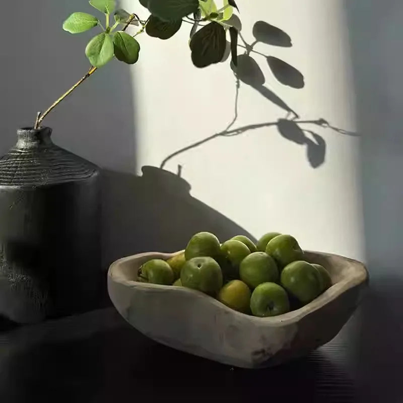 Solid Wood Decorative Tray for Entryway, Dining Table & Coffee Table | Vintage Shaped Wooden Fruit & Jewellery Plate | Rustic Home Decor Bowl, 2 Styles