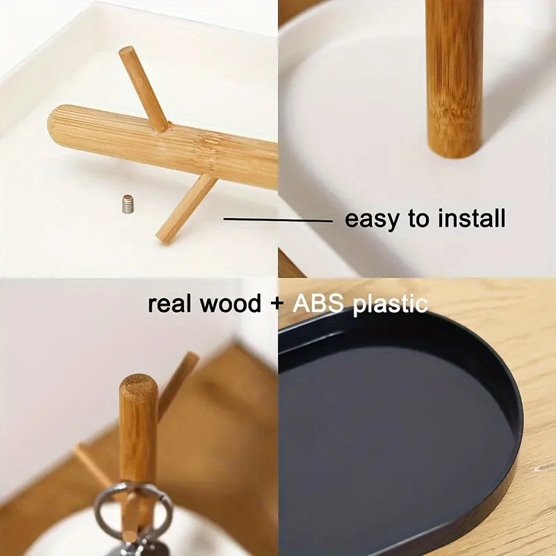 Entryway Key Tray with 3-Tier Wooden Hanging Rack | Key Bowl, Ring Holder & Jewellery Dish Organiser | Minimalist White or Black