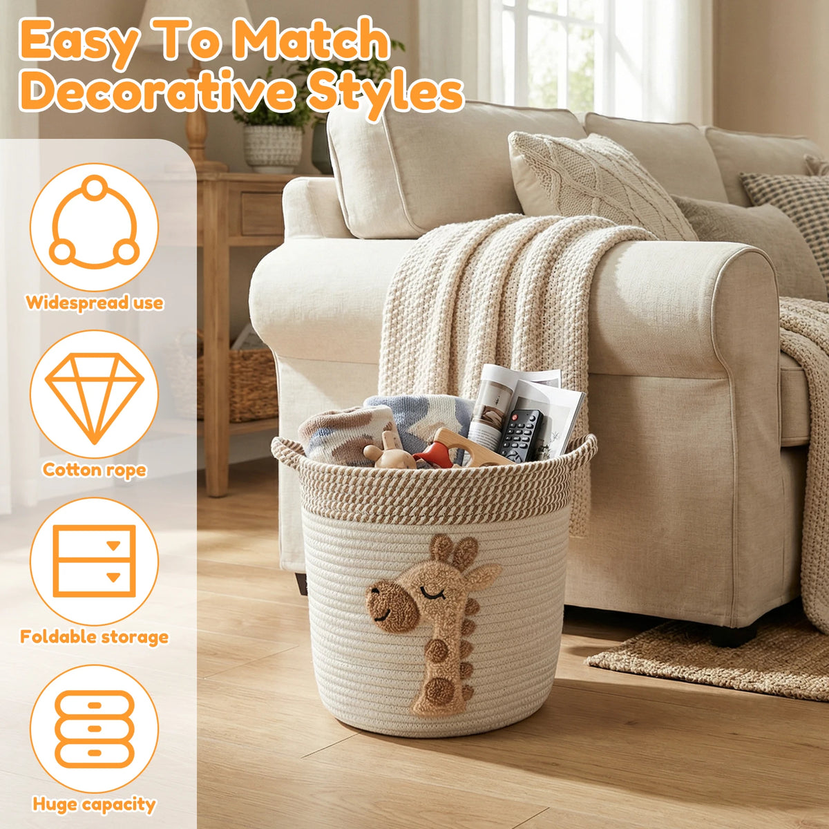 Cotton Rope Storage Basket for Living Room, Nursery & Bedroom | Woven Blanket & Toy Basket with Embroidery | Laundry Hamper 30x28cm