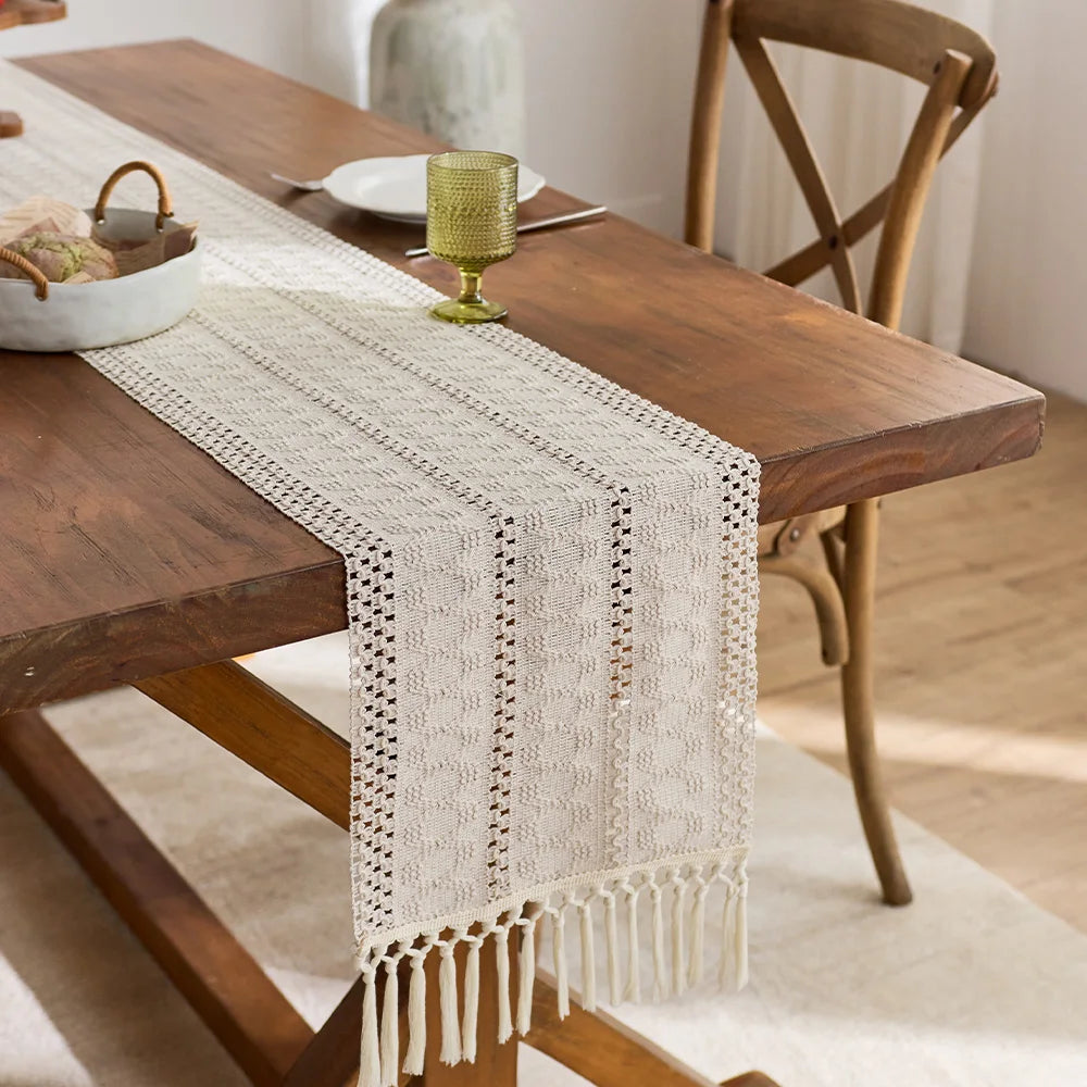 Boho Table Runner with Tassels for Kitchen & Dining Table | Beige Woven Farmhouse Table Runner | Rustic Table Decor, 9 Sizes 30x50cm to 30x300cm