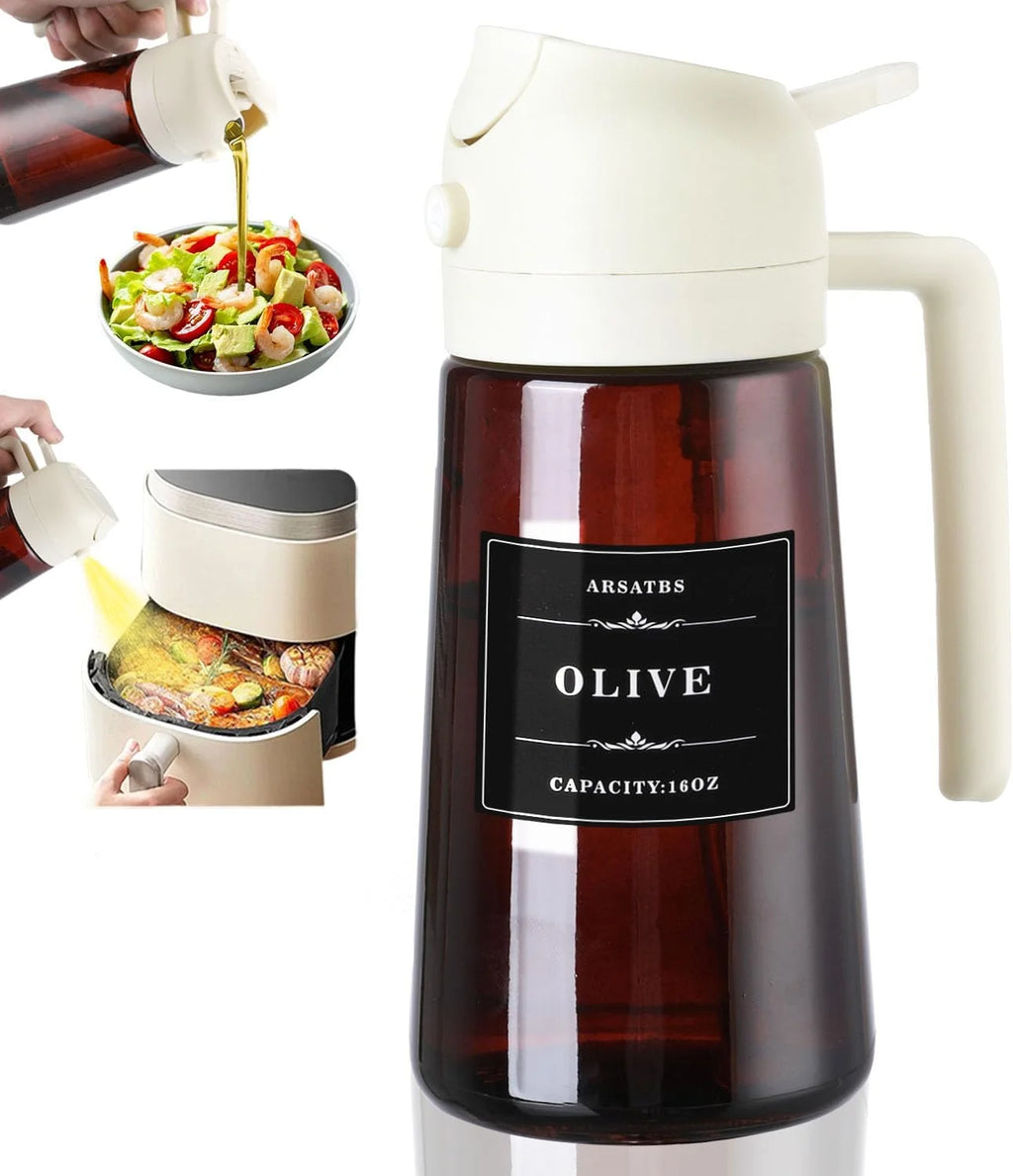 Glass Olive Oil Sprayer & Dispenser for Cooking & Air Fryer | 2 in 1 Pour & Spray Oil Bottle 470ml | Leakproof Kitchen Essential in 3 Colours
