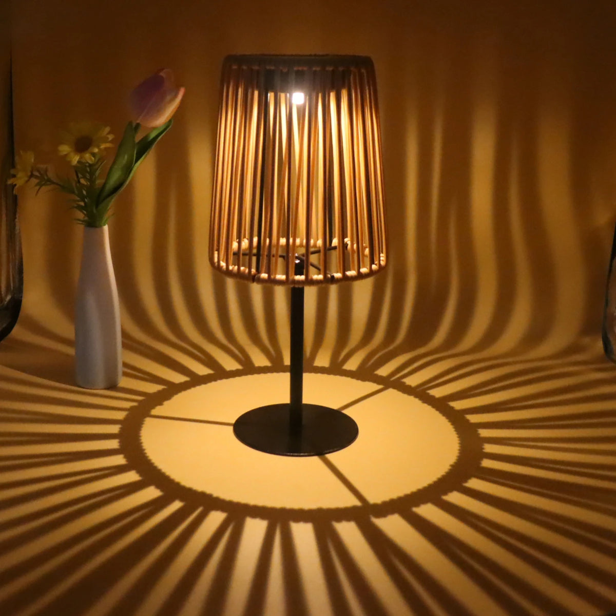 Rattan Solar Table Lamp for Patio, Garden & Coffee Table | Hand-Woven Cordless Outdoor Lamp | Indoor Outdoor Decorative Light