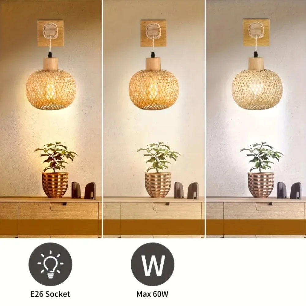 Plug In Wall Sconce for Bedroom & Living Room | Handcrafted Bamboo Rattan Wall Light | Boho Farmhouse Wall Lamp, With or Without Bulb