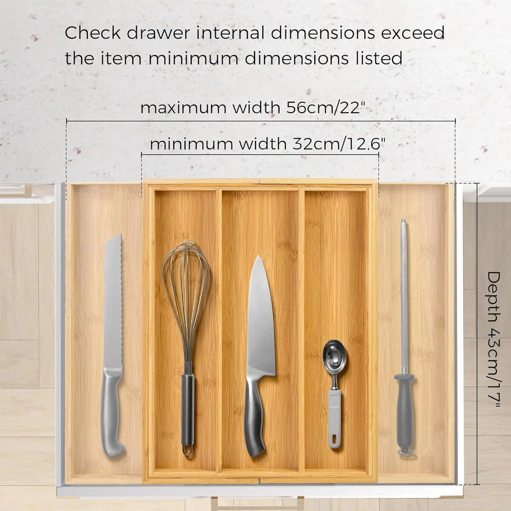 Expandable Bamboo Drawer Organiser for Kitchen Cutlery | Adjustable Utensil Tray & Silverware Divider | Natural Kitchen Storage, 2 Styles